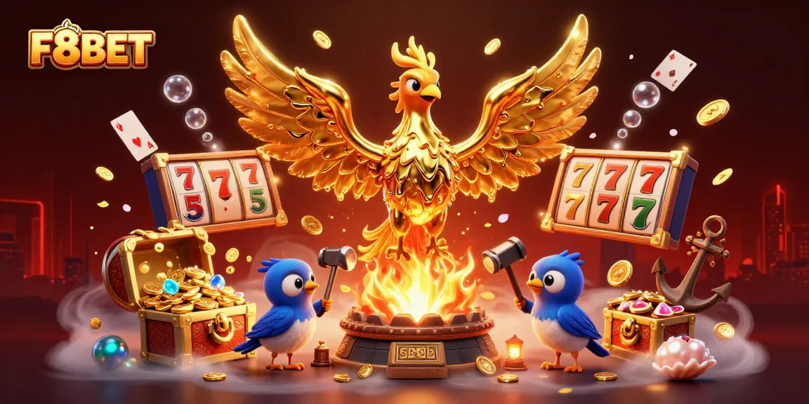 Experience the excitement of F8BET with vibrant casino graphics, featuring golden phoenix and gaming elements.