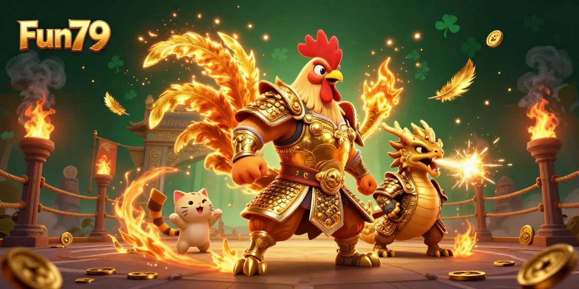 Experience thrilling gameplay at Fun79 with an energetic rooster warrior and dragon in a vibrant casino scene.