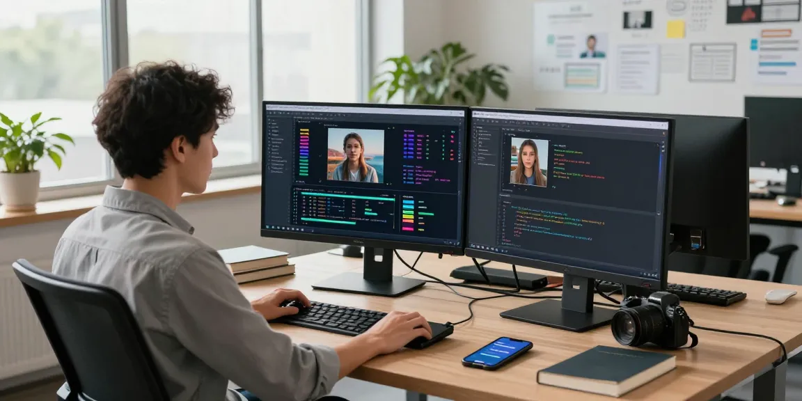 AI image checker interface on dual monitors in a modern tech workspace