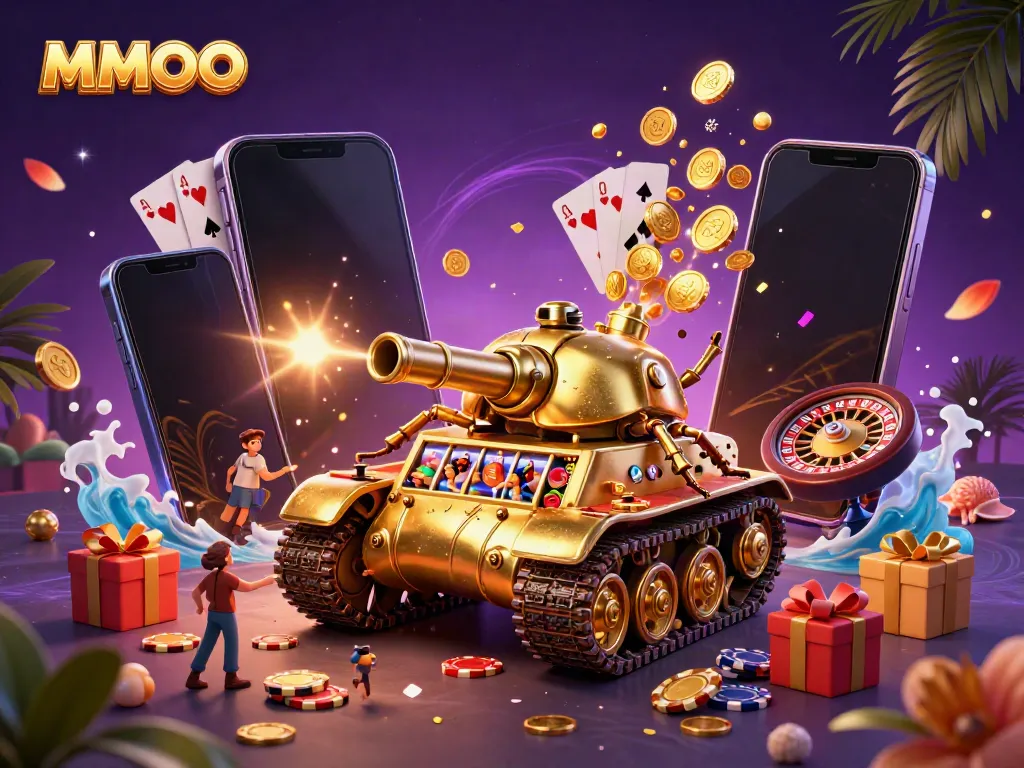 Experience the excitement of MMOO with a vibrant 3D illustration showcasing a golden beetle casino tank and dynamic gaming elements.