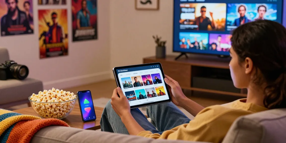 Pikashow user streaming movies on a tablet in a cozy living room with warm lighting.