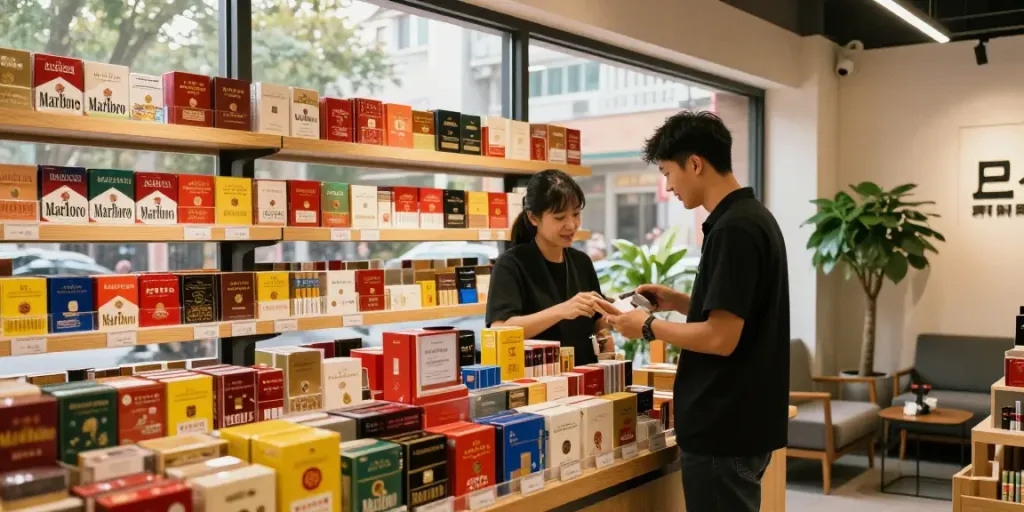Explore wholesale cigarette online options in a vibrant urban shop setting.
