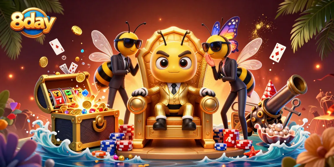 Experience excitement at 8day with a vivid casino scene featuring a bumblebee mob boss amidst slot reels and golden treasures.
