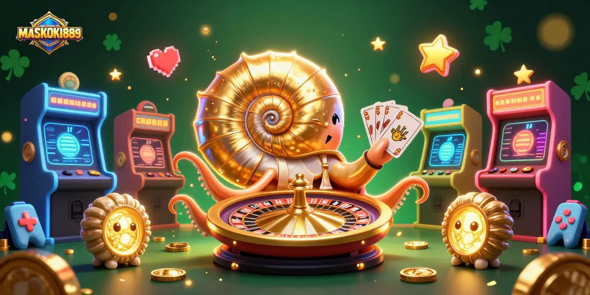 Experience the thrill of MASKOKI889 with a vibrant 3D casino scene featuring a giant nautilus and glowing game elements.