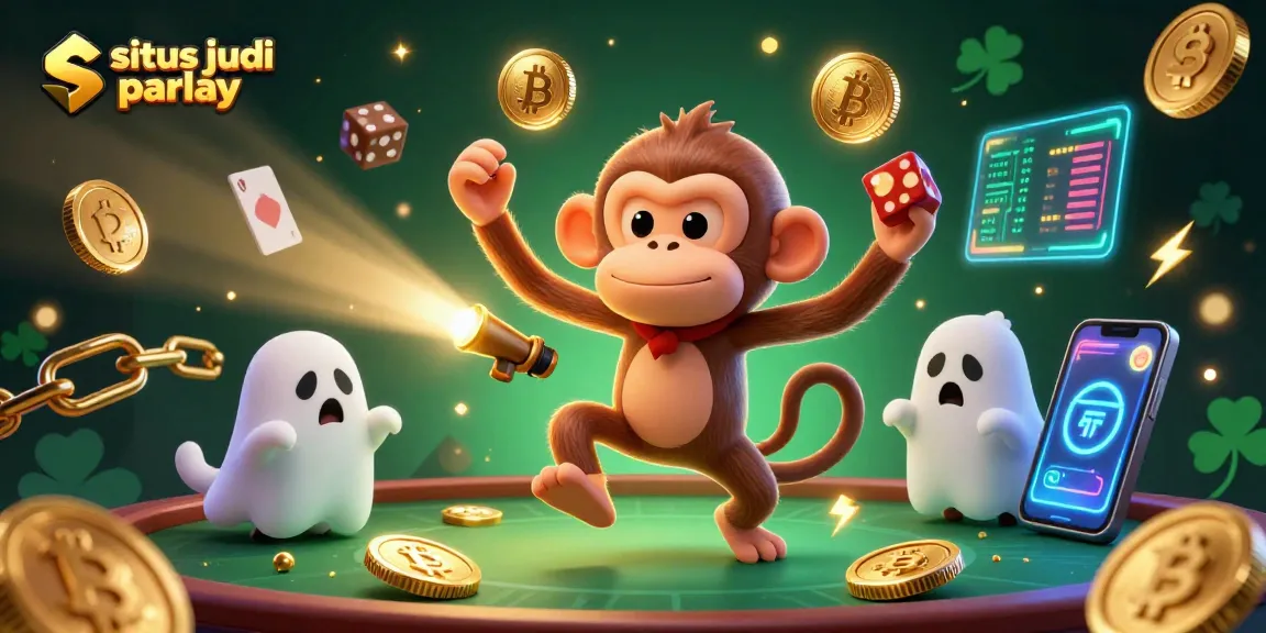Engaging illustration of situs judi parlay featuring a poltergeist monkey and a ghost-hunter puppy in a dynamic casino scene.