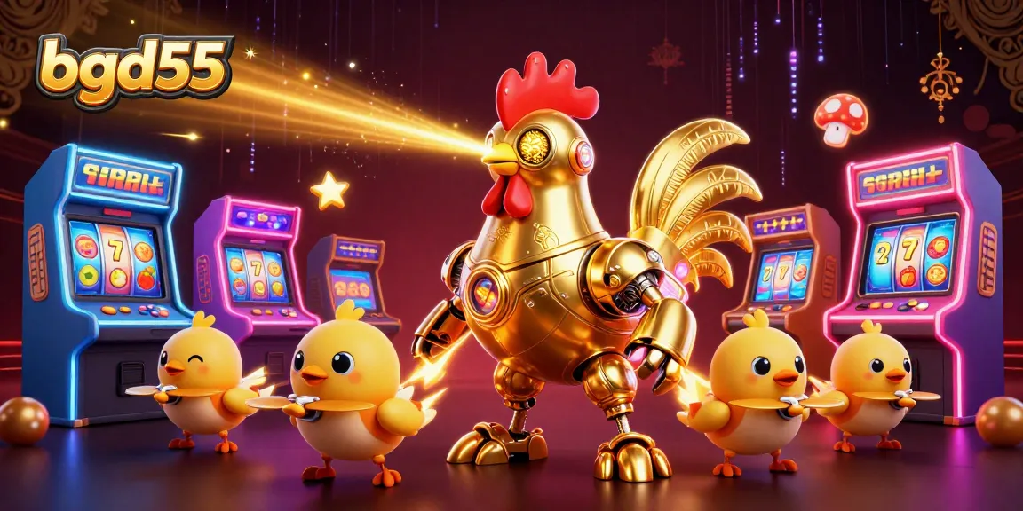 Engage with the bgd55 online casino featuring a golden rooster robot and vibrant slot elements.