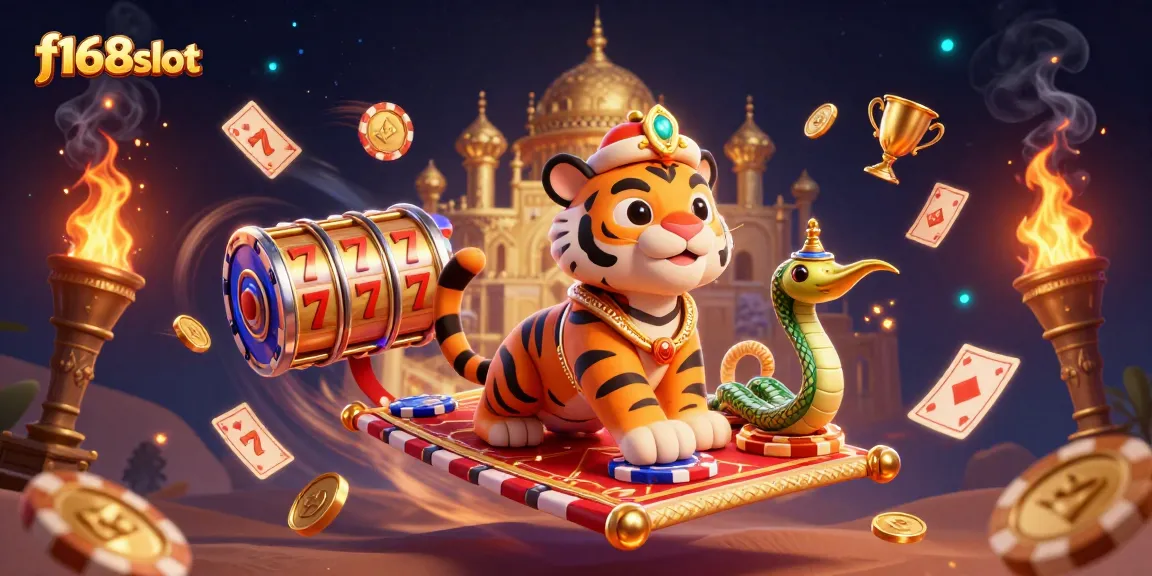 Immerse in the excitement of f168slot with a vibrant casino scene showcasing spinning slot reels and a sultan character.