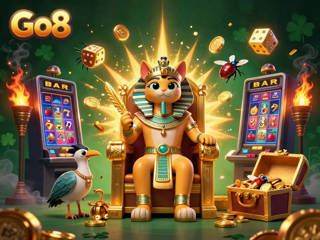 Engage in thrilling casino adventures with Go8's vibrant Egyptian-themed gaming scene featuring unique characters and jackpot elements.
