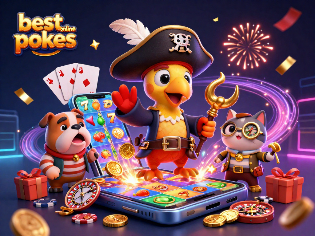 Play the best online pokies with exciting characters and vibrant casino elements in a dynamic scene.