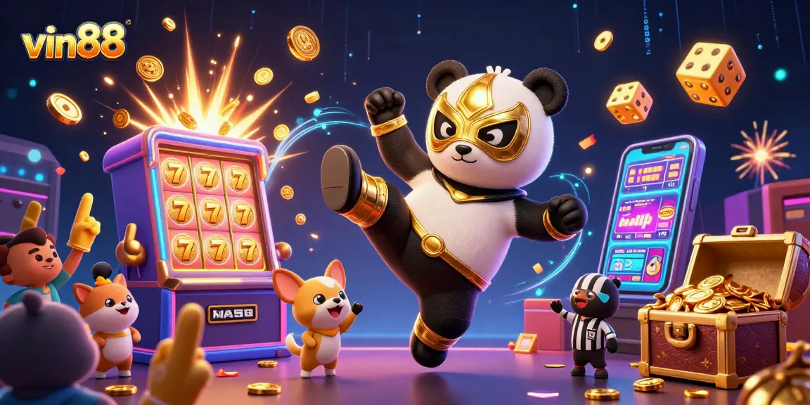 Experience thrilling wins at vin88 with a dynamic 3D casino scene featuring winning slots and lively character action.
