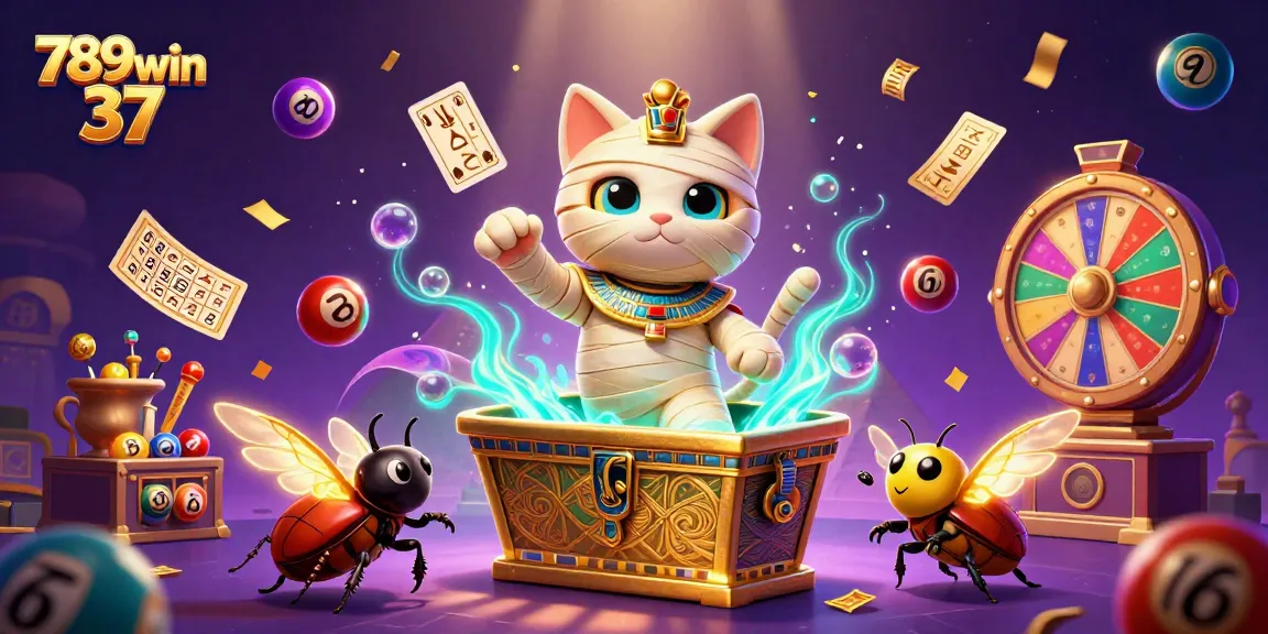 Engage with 789win 37 in a vibrant 3D casino scene featuring a mummy cat and scarab beetle.