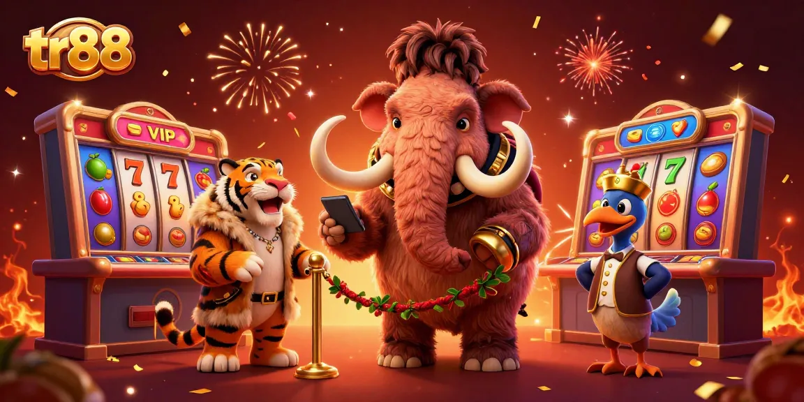 Experience the excitement of tr88 casino with a vibrant 3D scene featuring a woolly mammoth bouncer and dynamic slots.