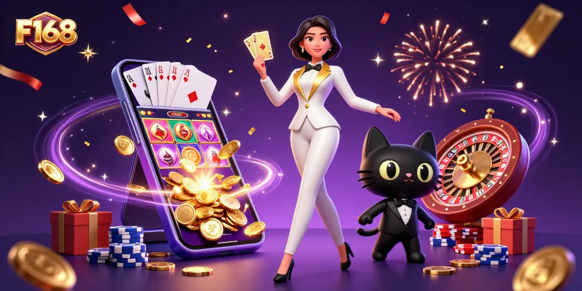 Experience thrilling gaming at F168 with vibrant 3D illustrations showcasing fun casino action.