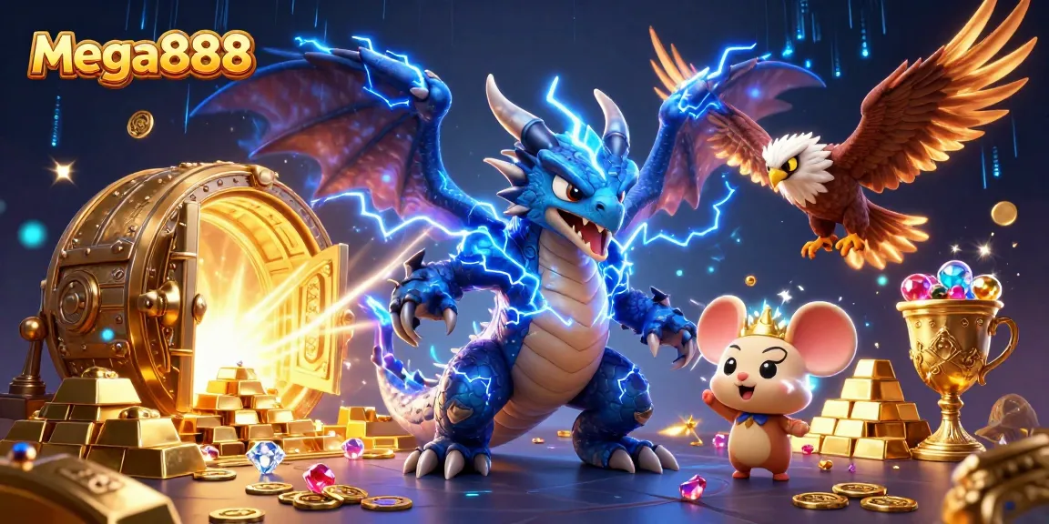 Mainkan mega888 dalam ilustrasi 3D penuh aksi dengan elemen jackpot dan harta karun berkilauan.