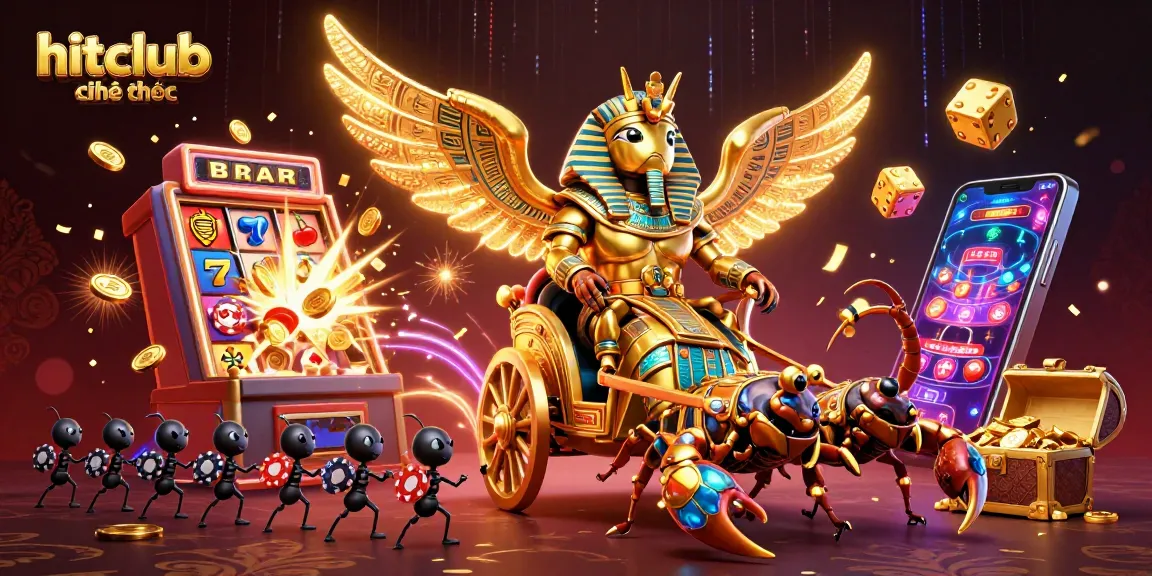 Engage with hitclub chính thức as the golden scarab beetle leads a jackpot celebration in a vibrant casino scene.