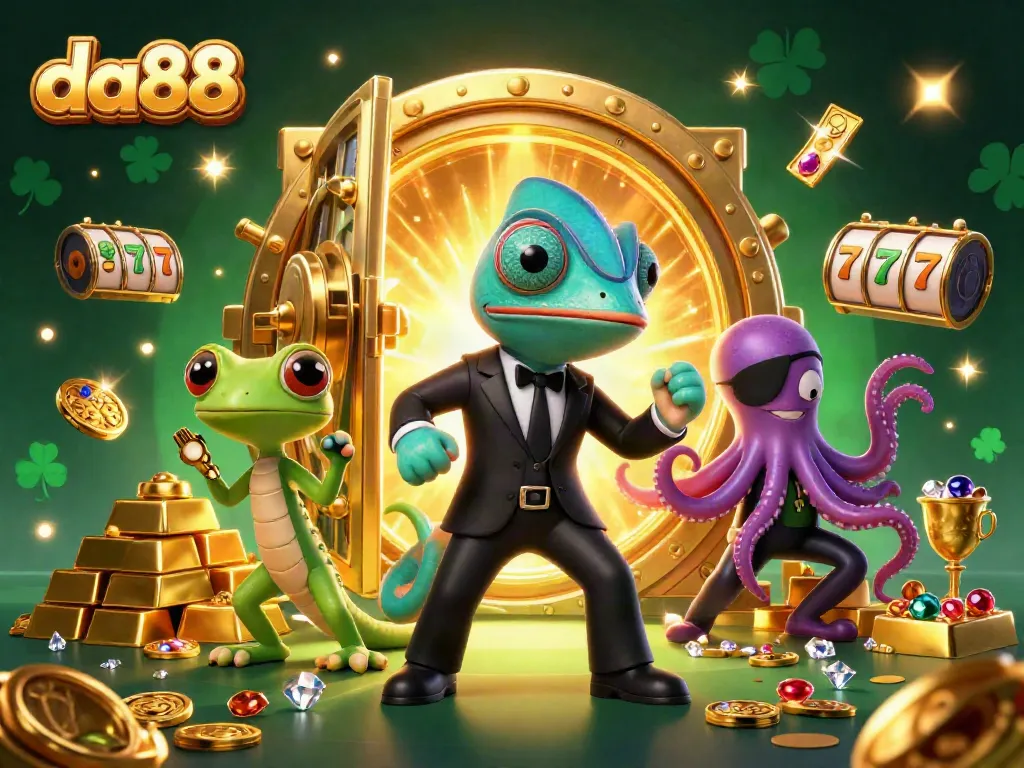Experience the thrill of da88 slots with vibrant characters and dazzling treasures in a dynamic casino scene.