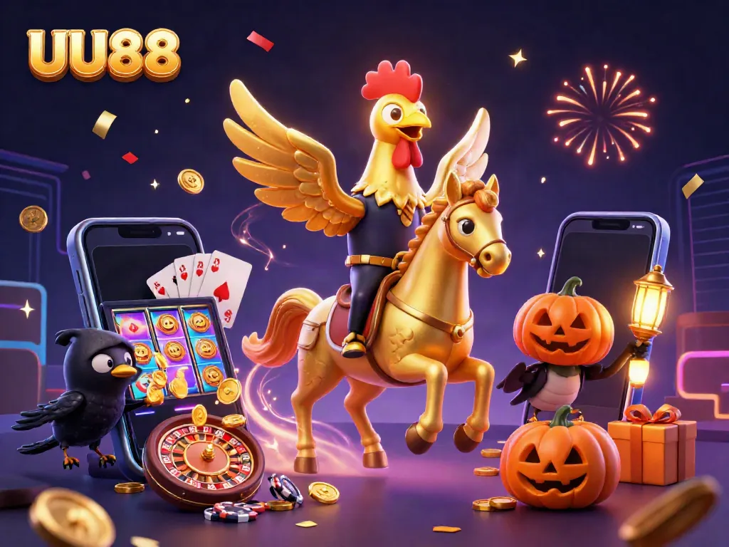 Experience thrilling gameplay at UU88 with a golden rooster-headed casino scene full of festive elements.