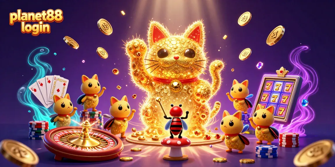 Experience the excitement of gaming with planet88 login, featuring a lucky cat and dynamic casino elements.