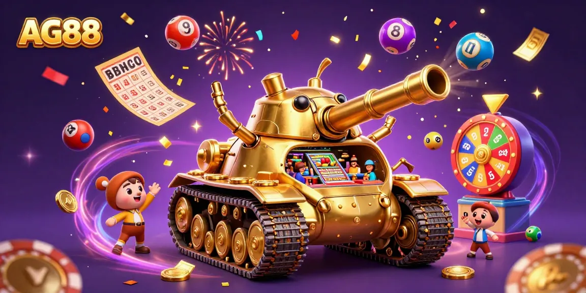 AG88 showcases a golden beetle tank casino bursting with vibrant lottery elements and confetti.