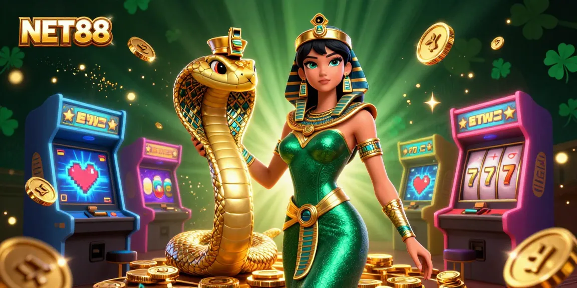 NET88 casino gaming scene featuring a woman in an emerald gown and golden cobra amidst vibrant slot machines.