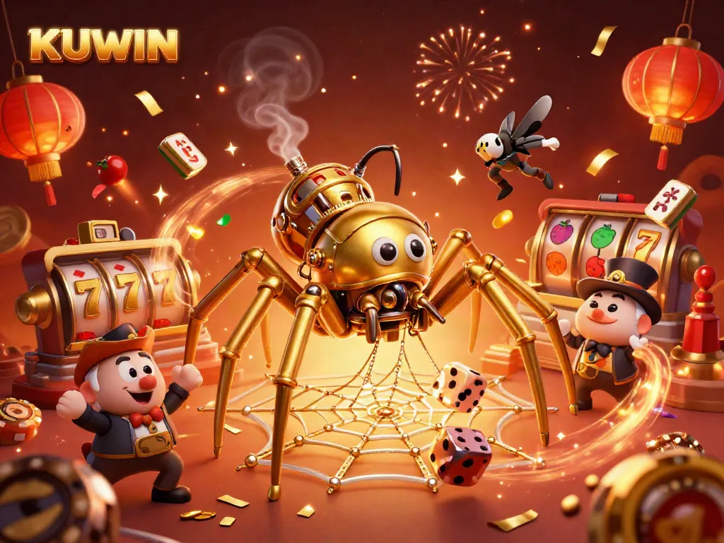 KUWIN engaging with a 3D steampunk spider and gambling elements for an online casino illustration.