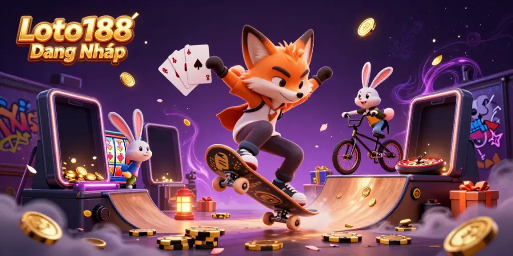 Loto188 Đăng Nhập showcases a dynamic cartoon scene with a skateboarder fox and BMX rabbit among casino elements