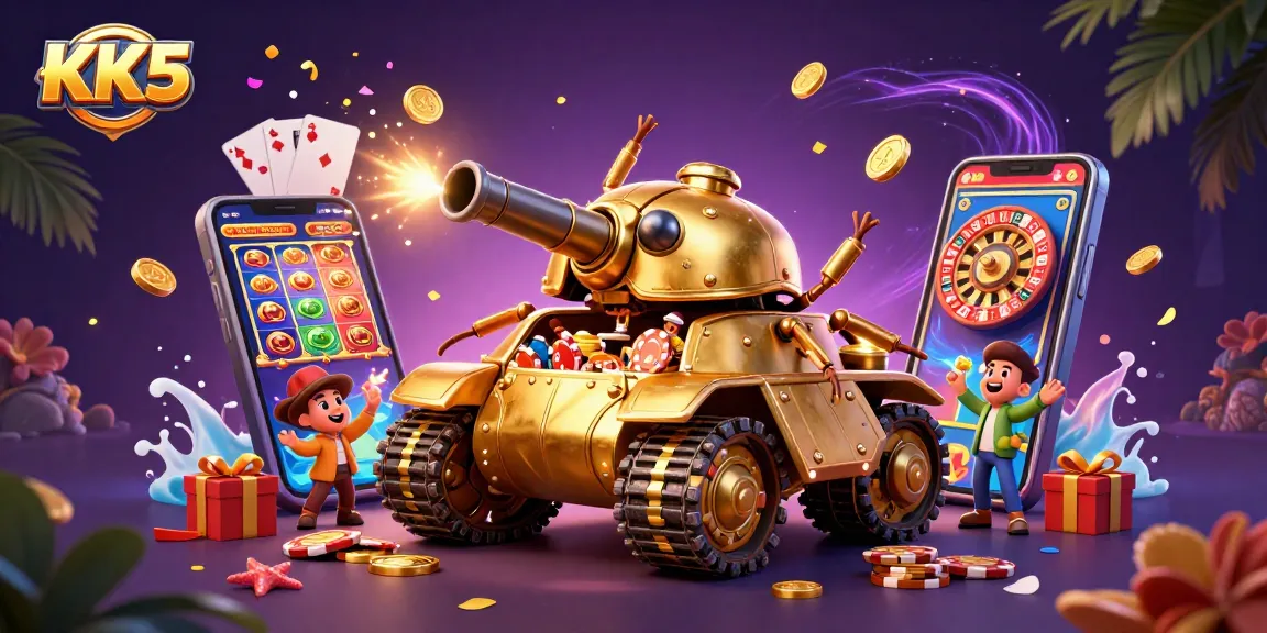 Engage with KK5's thrilling casino world featuring a golden beetle tank and vibrant game action.