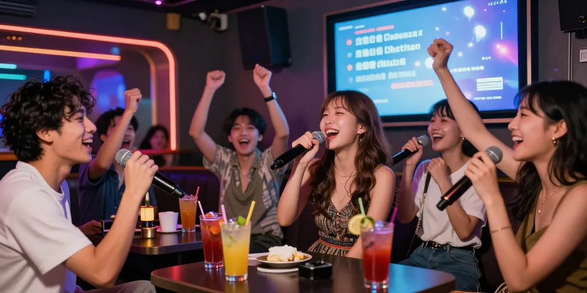 노래방밤알바에서 즐겁게 노래하는 여성과 친구들의 밝은 모습