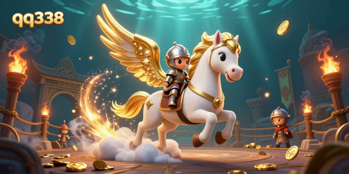 Engage with the thrilling experience on qq338, featuring a knight riding a celestial horse amidst a vibrant casino arena.