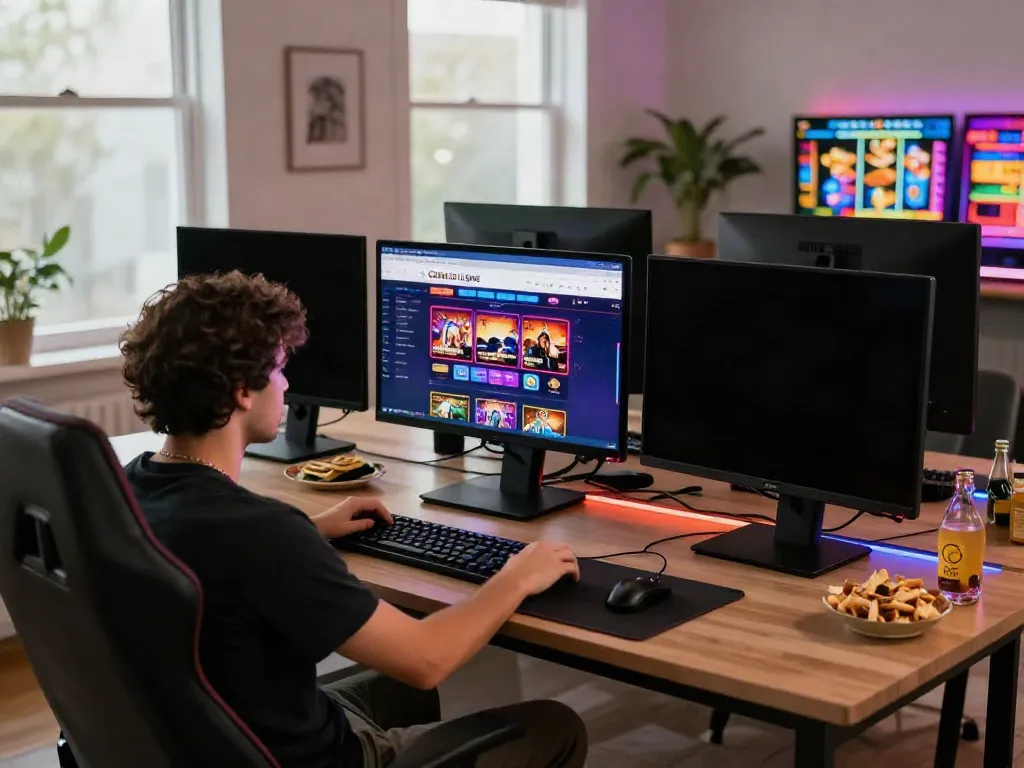 Player engaged in a Casino En Ligne experience with multiple gaming screens and a vibrant atmosphere.