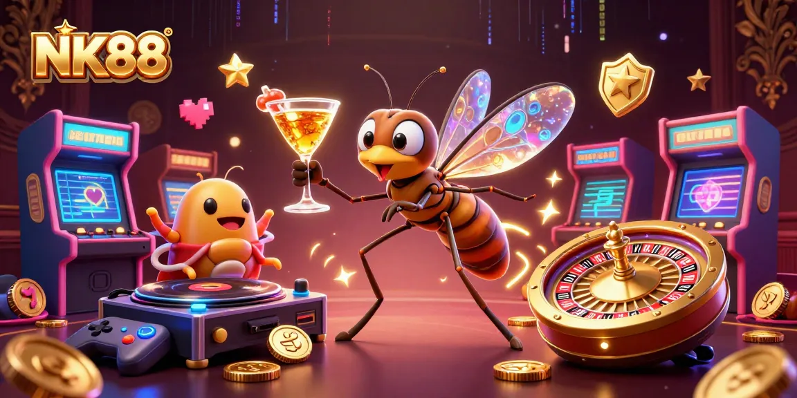 Engage with NK88's vibrant animated casino scene showcasing a unique mosquito mascot and a trilobite DJ.