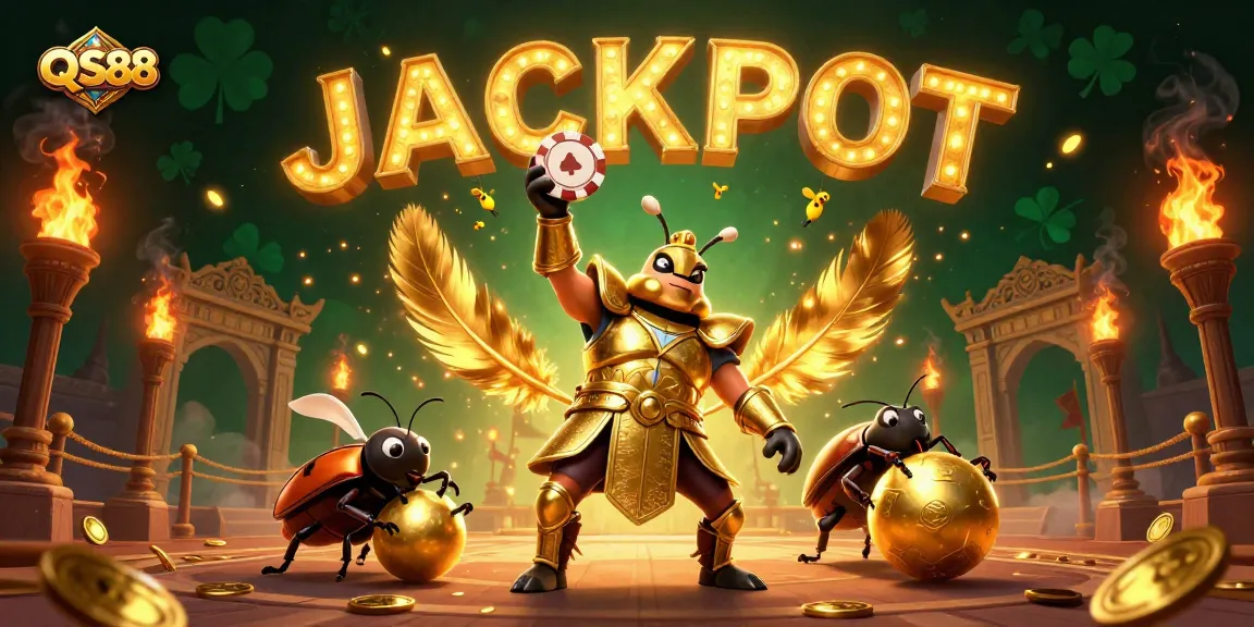 Experience thrilling victories with QS88 in a vibrant 3D gambling scene featuring a beetle champion.