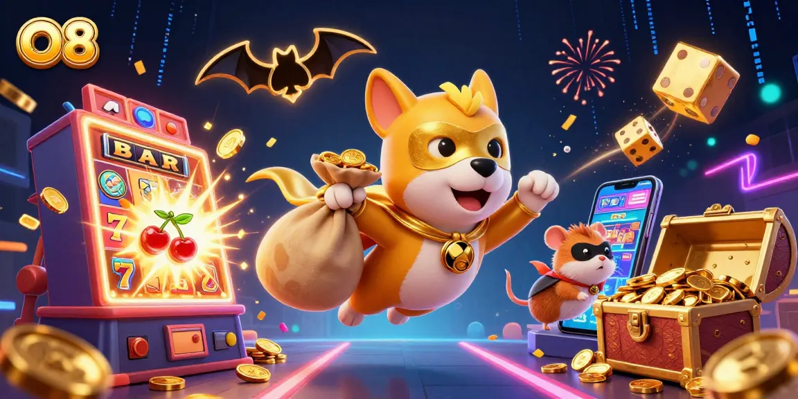 Join the action at O8, featuring a superhero dog and hamster in an exciting casino scene bursting with jackpots and vibrant colors.