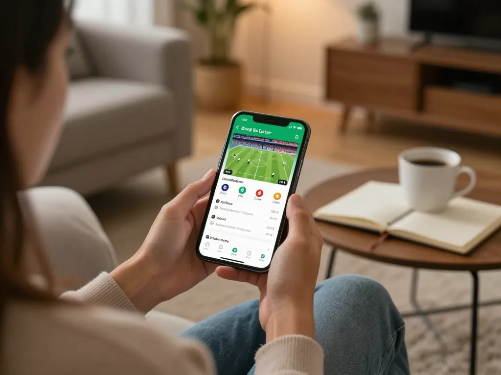Bong Da Lu app user checking live soccer scores while relaxing at home, promoting responsible sports betting.
