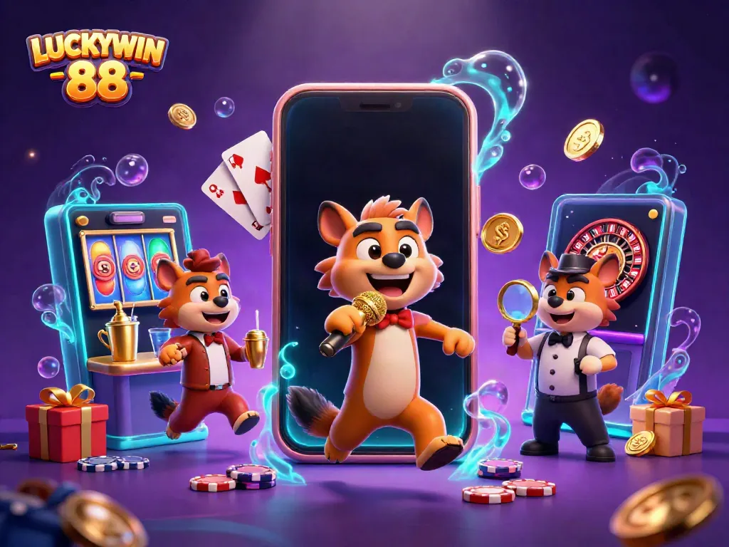 Engaging scene of LUCKYWIN 88 animated hyenas bringing life to a vibrant comedy casino atmosphere.