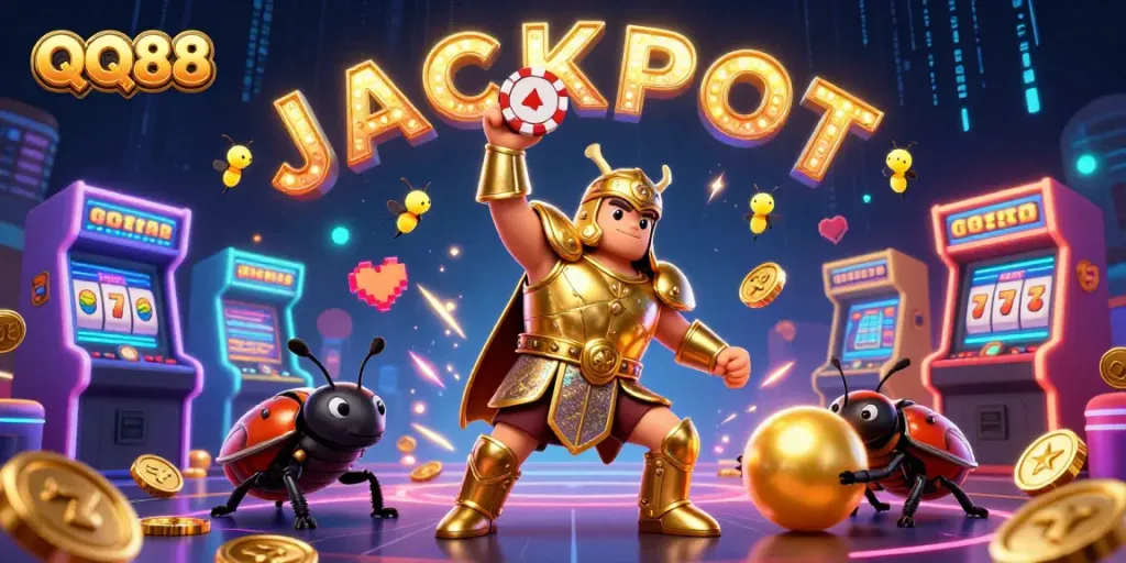 Win big with QQ88's vibrant casino scene, showcasing colorful gaming elements and excitement.