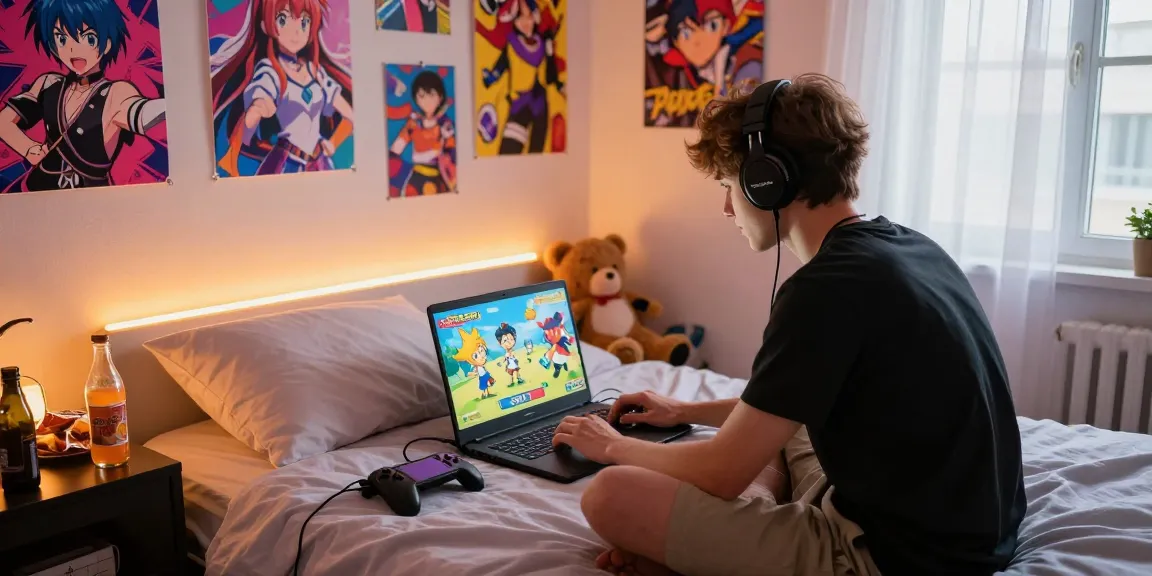 Engaging hentaigame session in a cozy bedroom with vibrant anime decor