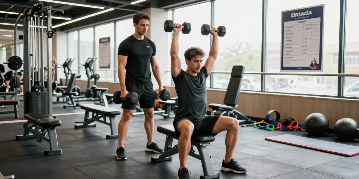Driada Medical Shop: Motivated individual performing weight training in a bright, modern gym filled with fitness equipment, showcasing commitment to health and wellness.