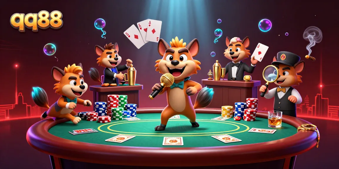Engage with qq88's dynamic comedy casino scene featuring hyenas enjoying games and drinks.
