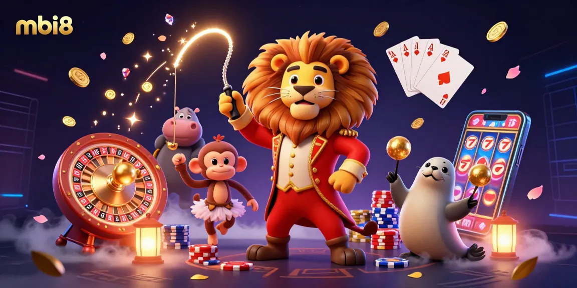 Experience thrilling gaming at mbi8, illustrated by dynamic casino characters and elements.
