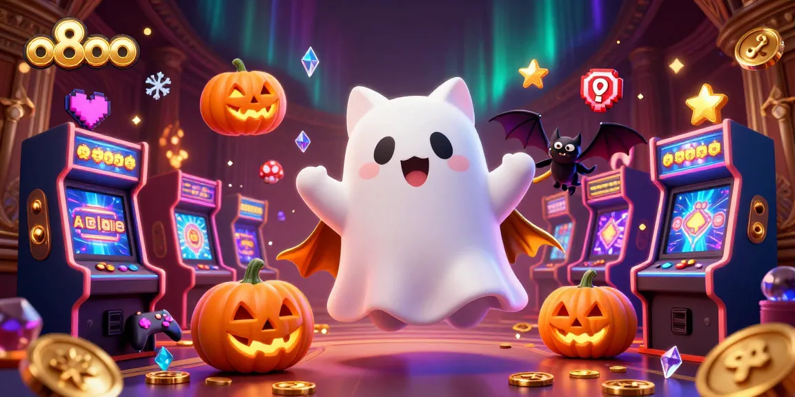 Engage with the thrilling atmosphere of o8oo's vibrant casino scene featuring a ghost cat and vampire bat.