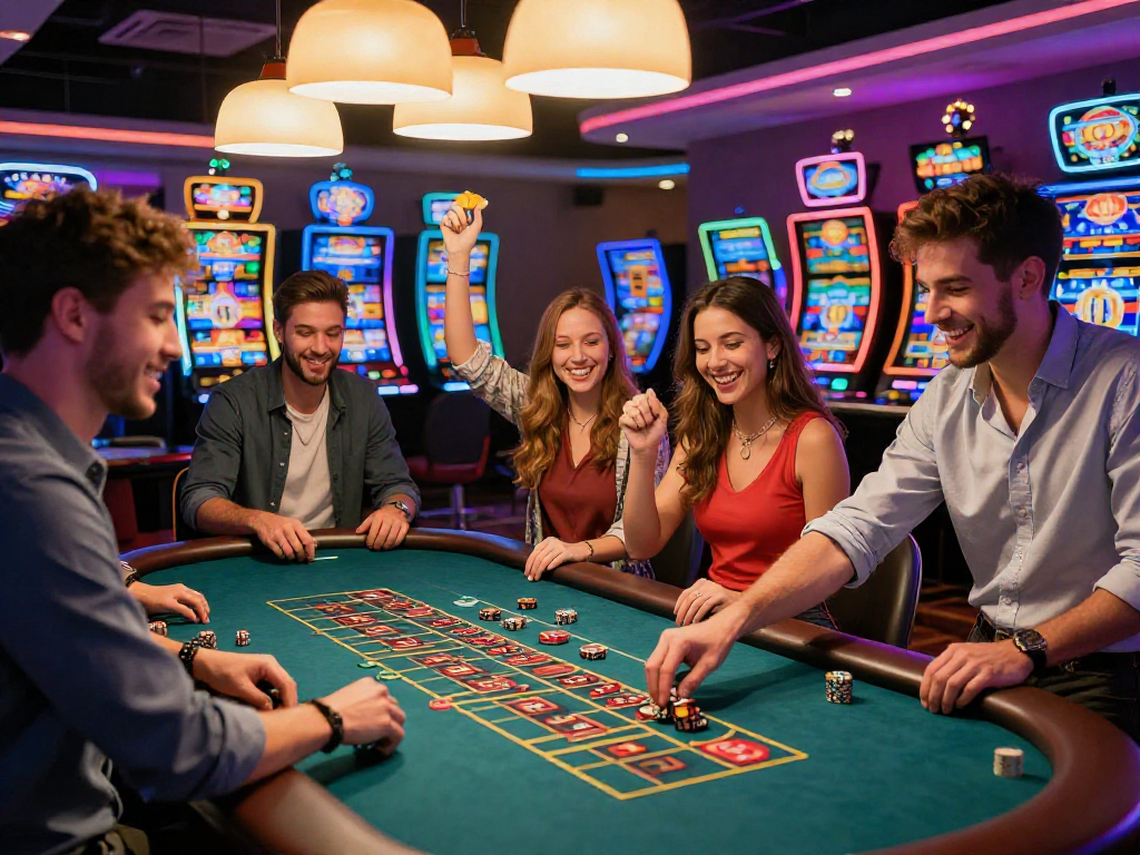 Una serata vibrante in un casino non AAMS, con amici felici mentre giocano e godono dell'atmosfera elettrica e luminosa.