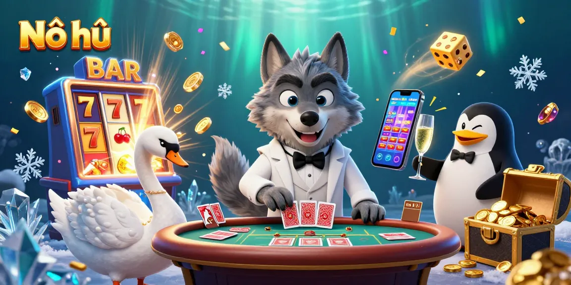 Nổ hũ jackpot explosion scene with a debonair wolf, swan dealer, and penguin sommelier.