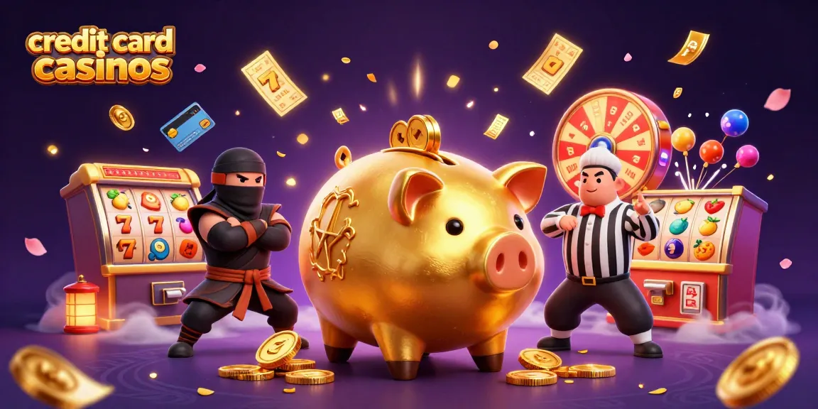 Engaging 3D illustration depicting credit card casinos with vibrant gaming elements cascading around dynamic characters.