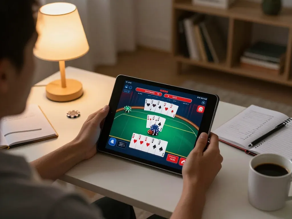 Person enjoying online gaming on trang chủ B52CLUB tablet in a cozy home setup with strategy notes.
