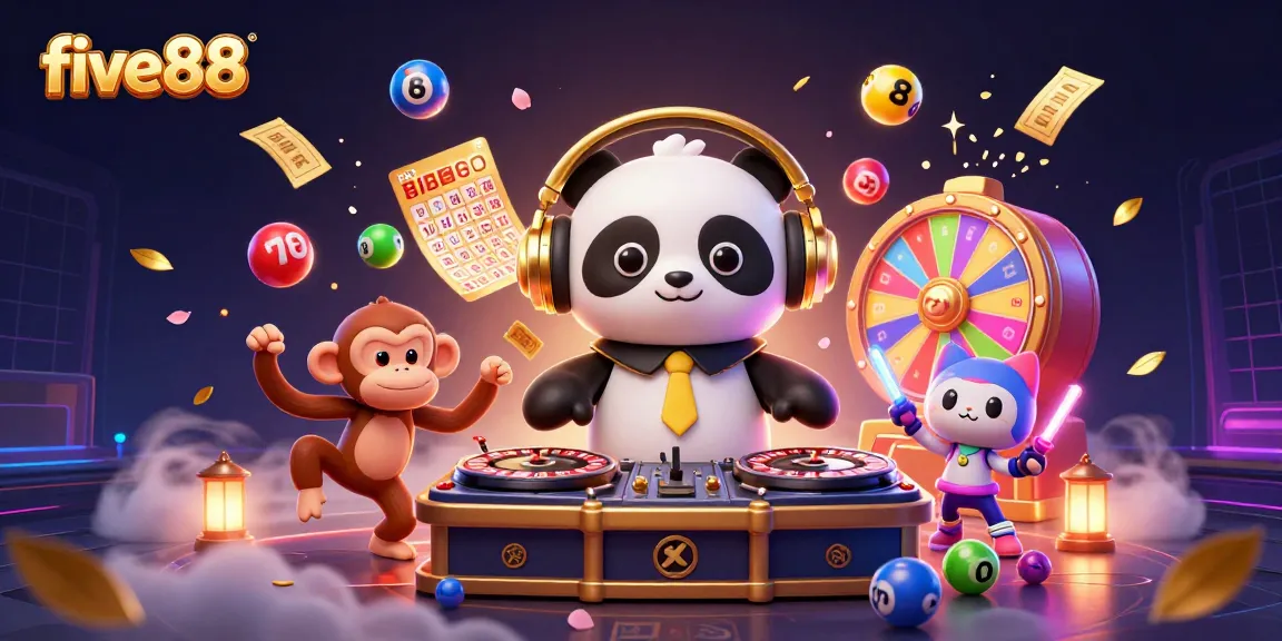 Engage with five88 in a vibrant 3D scene featuring a DJ panda and a breakdancing monkey.