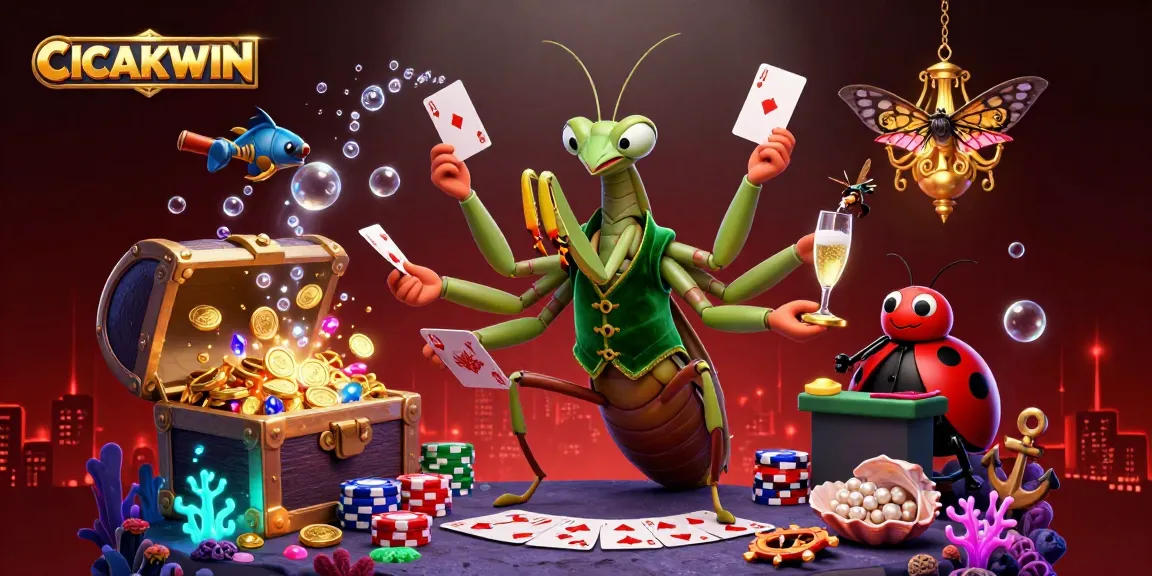 CICAKWIN brings vibrant casino action with animated characters dealing cards and pouring champagne surrounded by glowing casino elements.