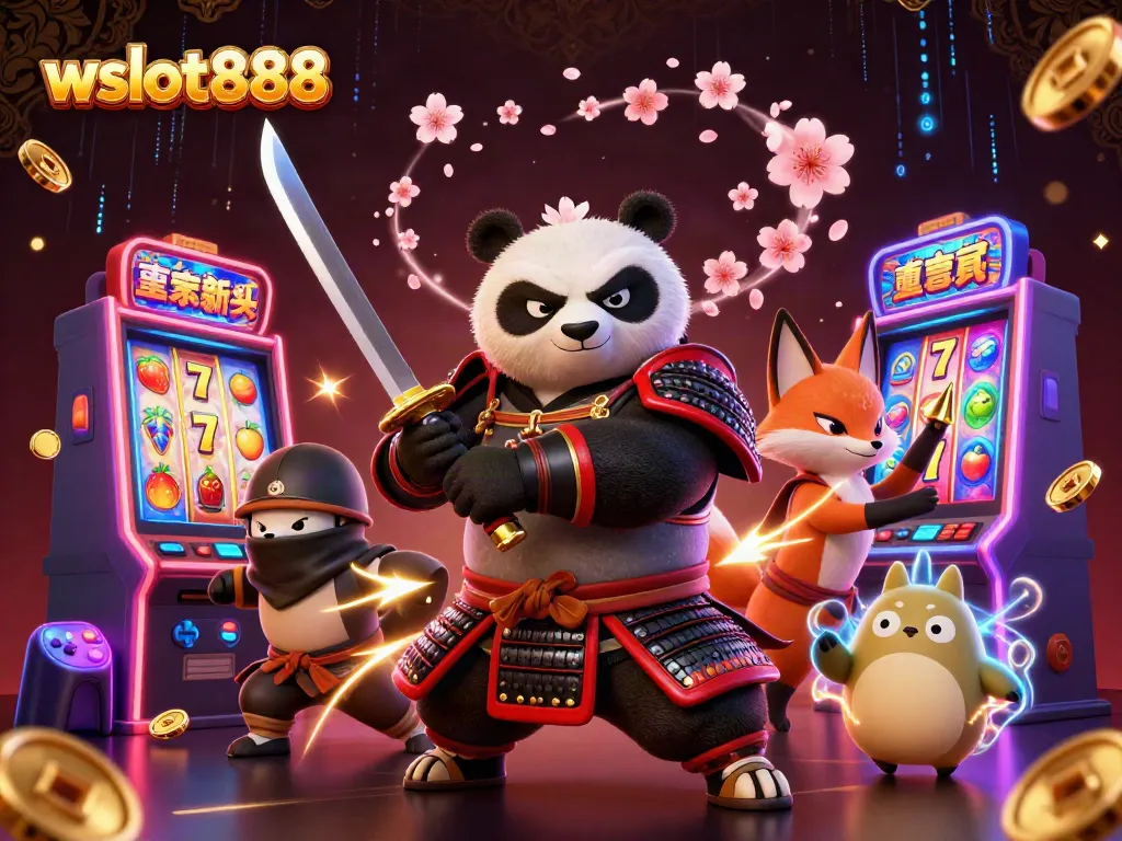 Ilustrasi 3D yang menggambarkan samurai panda dan ninja fox di depan mesin slot wslot888.