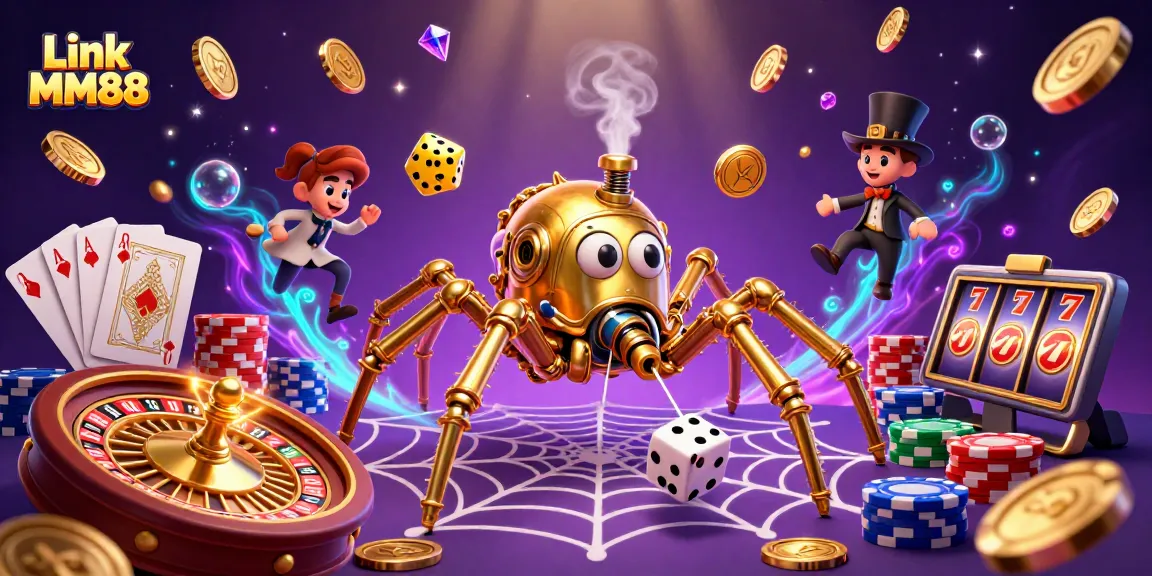 Engage with Link MM88 as the steampunk spider spins a web of poker chips and golden chains amidst a vibrant casino scene.