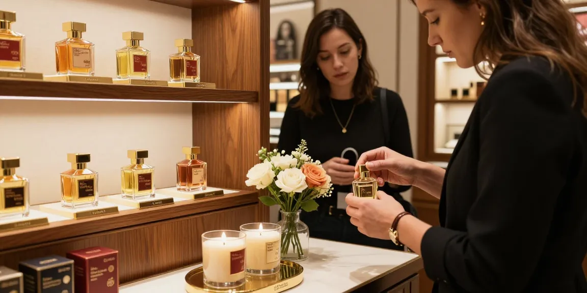 Customer experiencing Maison Francis Kurkdjian (MFK) fragrances in an upscale boutique setting.